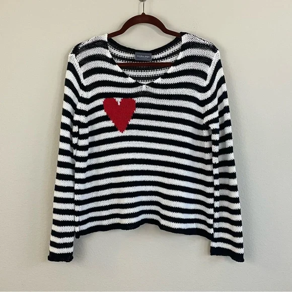 WOODEN SHIPS Eloise Heart V Neck Cotton Sweater Black and White Stripes Size S/M - Picture 2 of 8